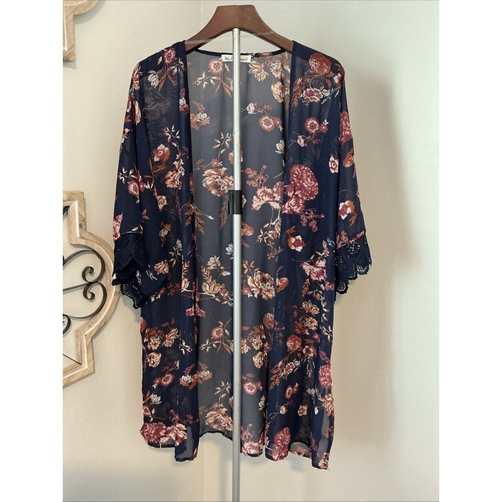 Wallflower Open Kimono Cover Up Womens Large Blue Floral 3/4 Sleeves Sz 1X